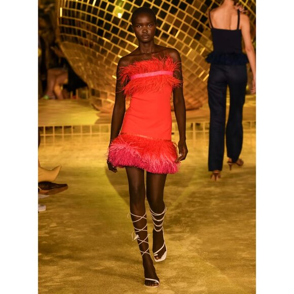 STAUD Etta Feather And Raffia-trimmed Crochet-knit Mini Dress In Blood Orange, s - Picture 1 of 12